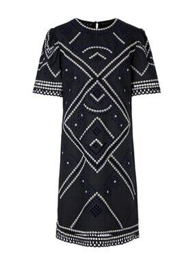 Marc Cain Midnight Navy Eyelet Embroidered Dress US 8 UK 12 QA 21.18 W14 395